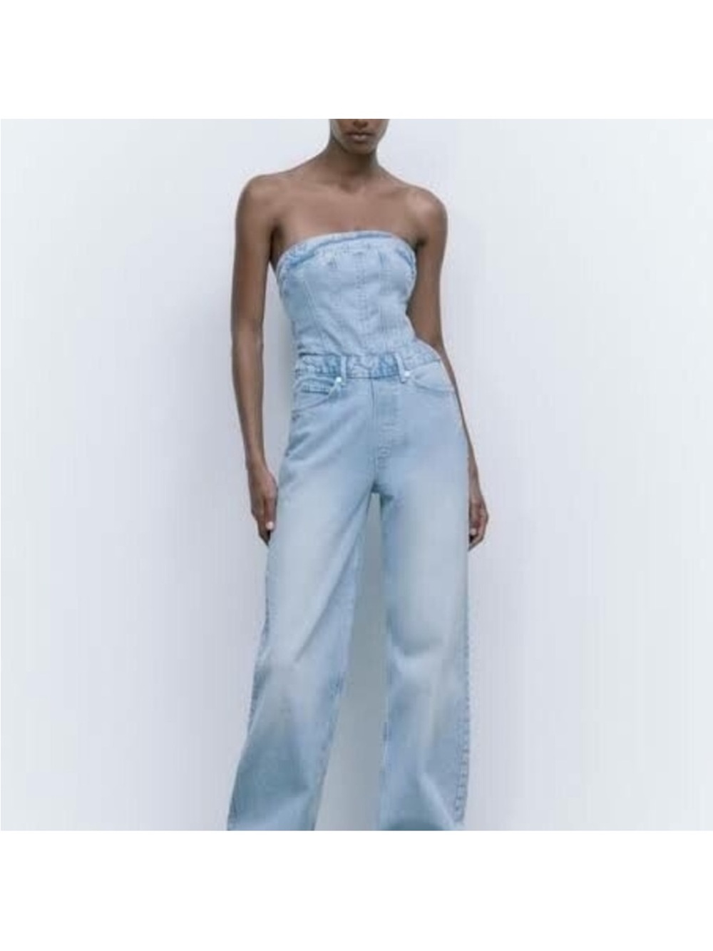 Zara Strapless Light Wash Denim Jumpsuit